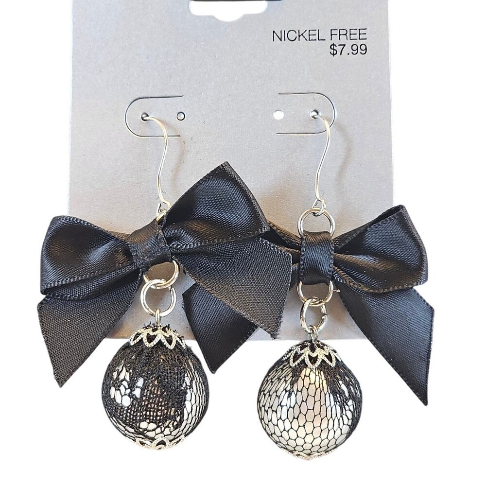Black Bow Pearl Drop Earrings Gothic Coquette Dangle Nickel Free New 2"